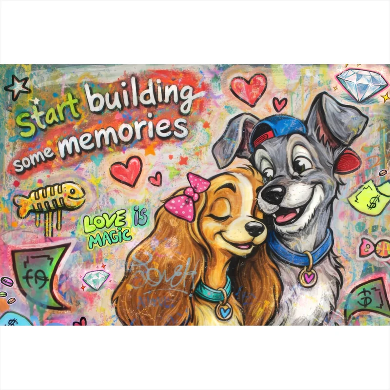 Leinwandbild Liebevolles Hundepaar Graffiti mit Spruch Querformat
