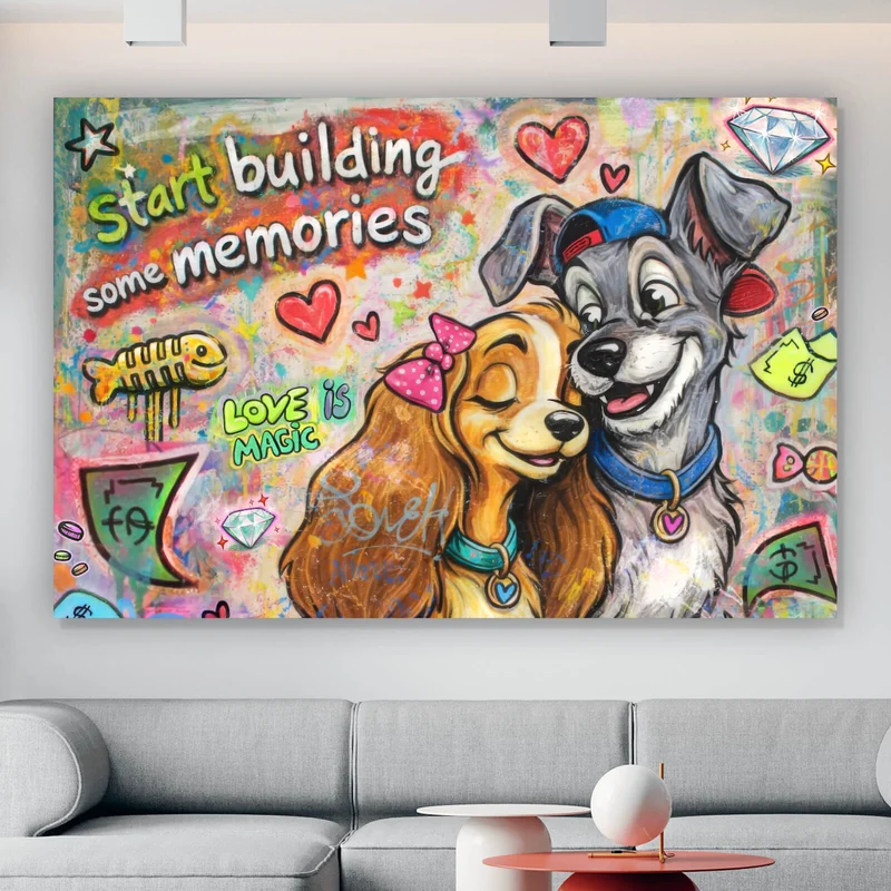 Poster Liebevolles Hundepaar Graffiti mit Spruch Querformat