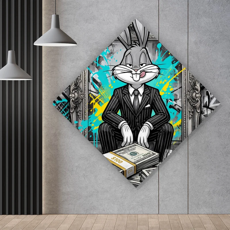 Leinwandbild Hase in einem eleganten Anzug hinter Geldstapeln Raute