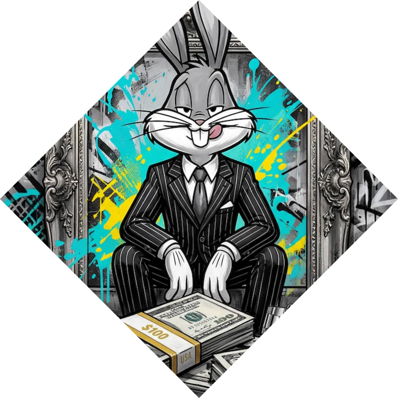 Leinwandbild Hase in einem eleganten Anzug hinter Geldstapeln Raute