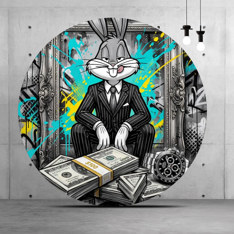 Aluminiumbild gebürstet Hase in einem eleganten Anzug hinter Geldstapeln Kreis
