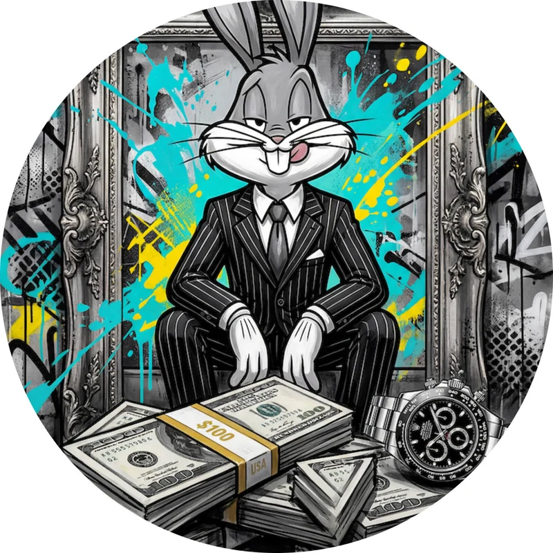 Aluminiumbild Hase in einem eleganten Anzug hinter Geldstapeln Kreis