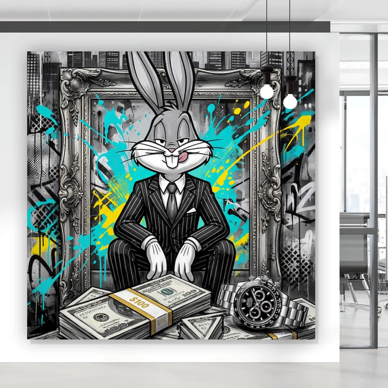 Spannrahmenbild Hase in einem eleganten Anzug hinter Geldstapeln Quadrat