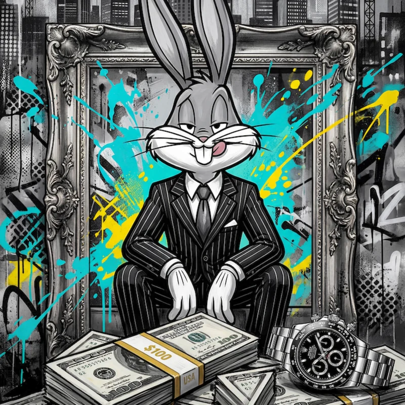 Aluminiumbild Hase in einem eleganten Anzug hinter Geldstapeln Quadrat