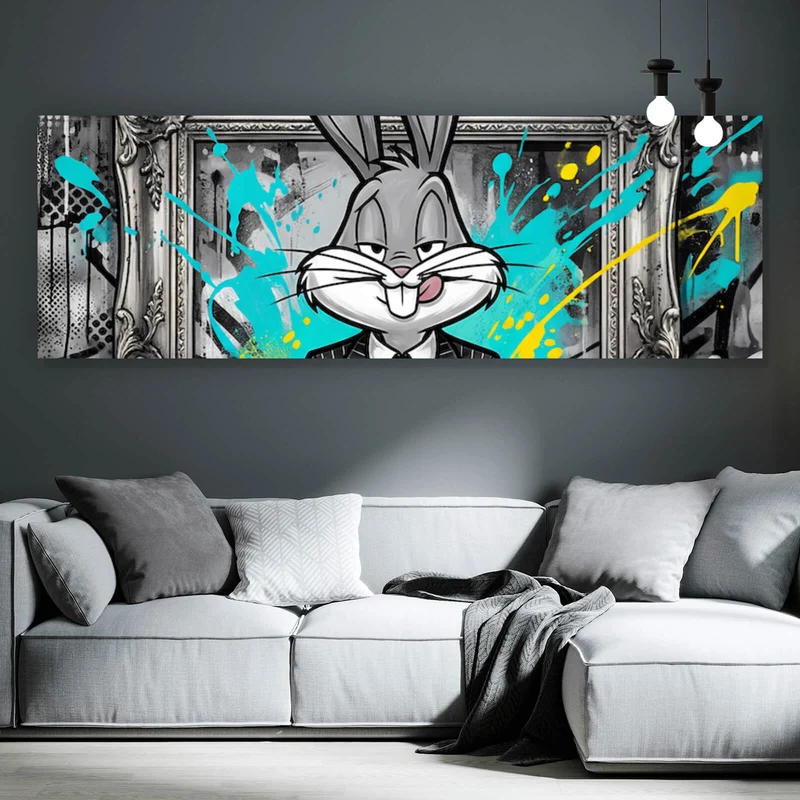 Acrylglasbild Hase in einem eleganten Anzug hinter Geldstapeln Panorama