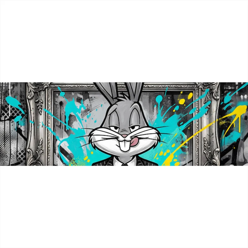 Aluminiumbild gebürstet Hase in einem eleganten Anzug hinter Geldstapeln Panorama