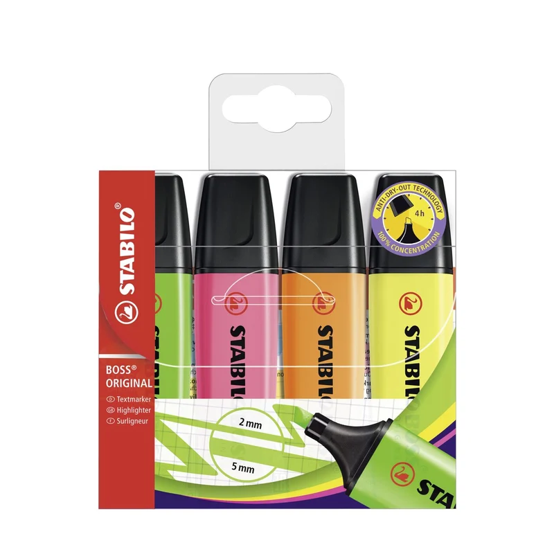 STABILO BOSS ORIGINAL – 4er Etui gelb/orange/grün/pink