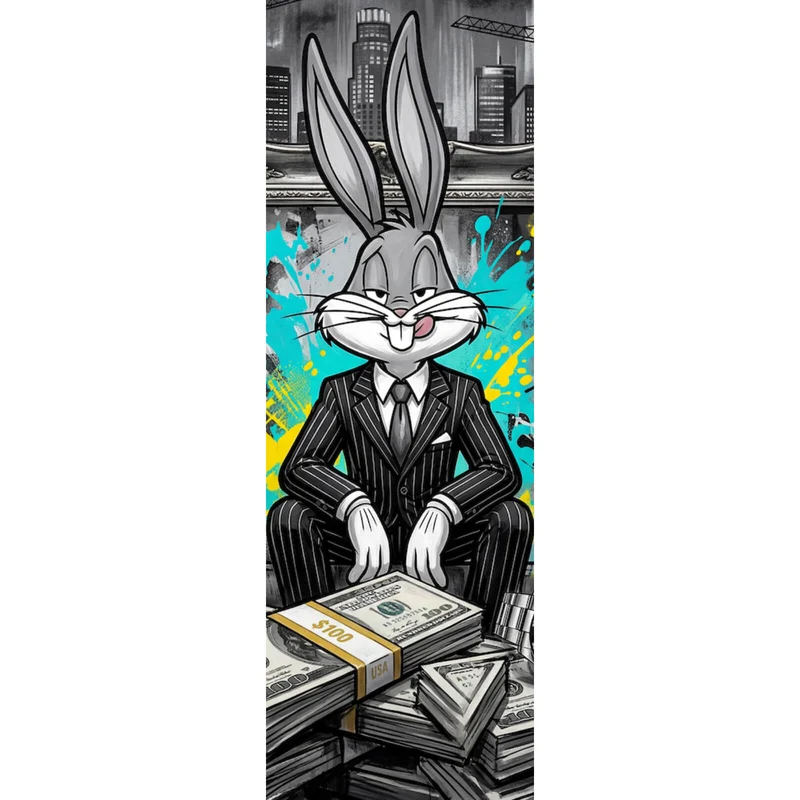Poster Hase in einem eleganten Anzug hinter Geldstapeln Panorama Hoch