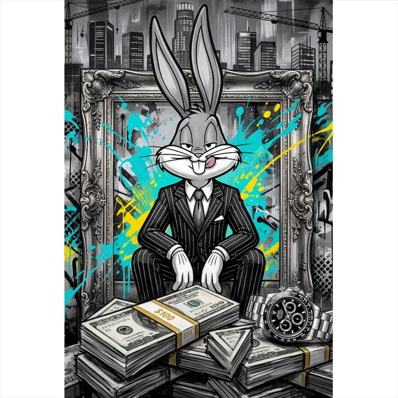 Acrylglasbild Hase in einem eleganten Anzug hinter Geldstapeln Hochformat