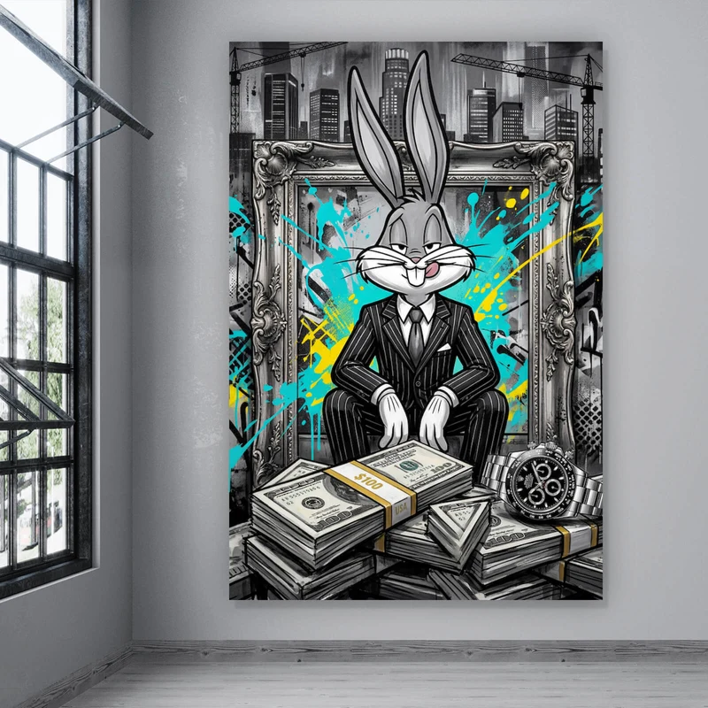 Poster Hase in einem eleganten Anzug hinter Geldstapeln Hochformat