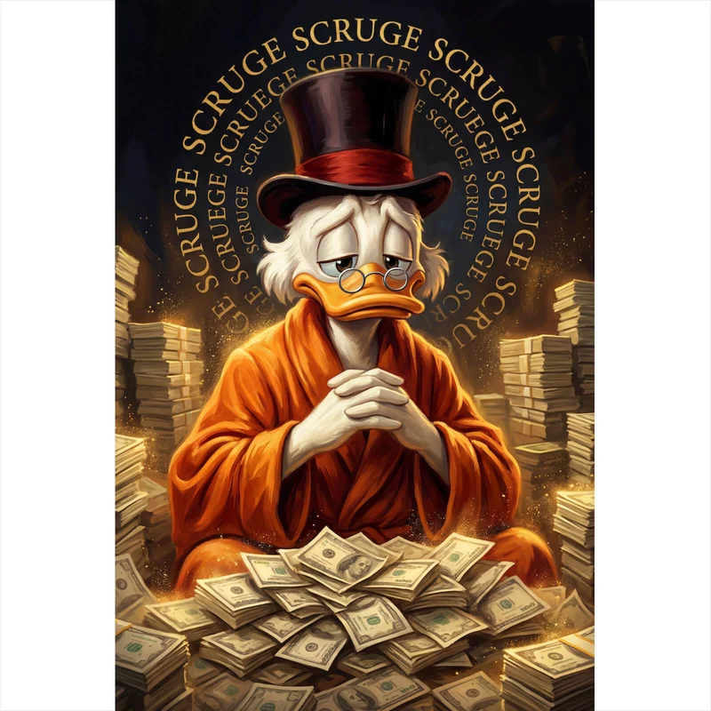 Aluminiumbild gebürstet Reiche Ente mit Geldstapel Hochformat