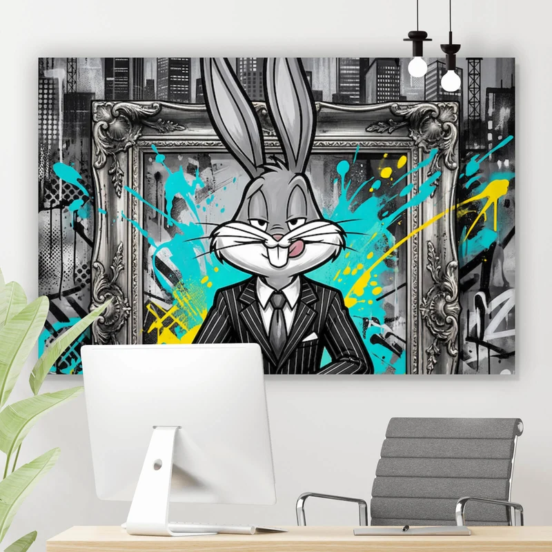 Spannrahmenbild Hase in einem eleganten Anzug hinter Geldstapeln Querformat