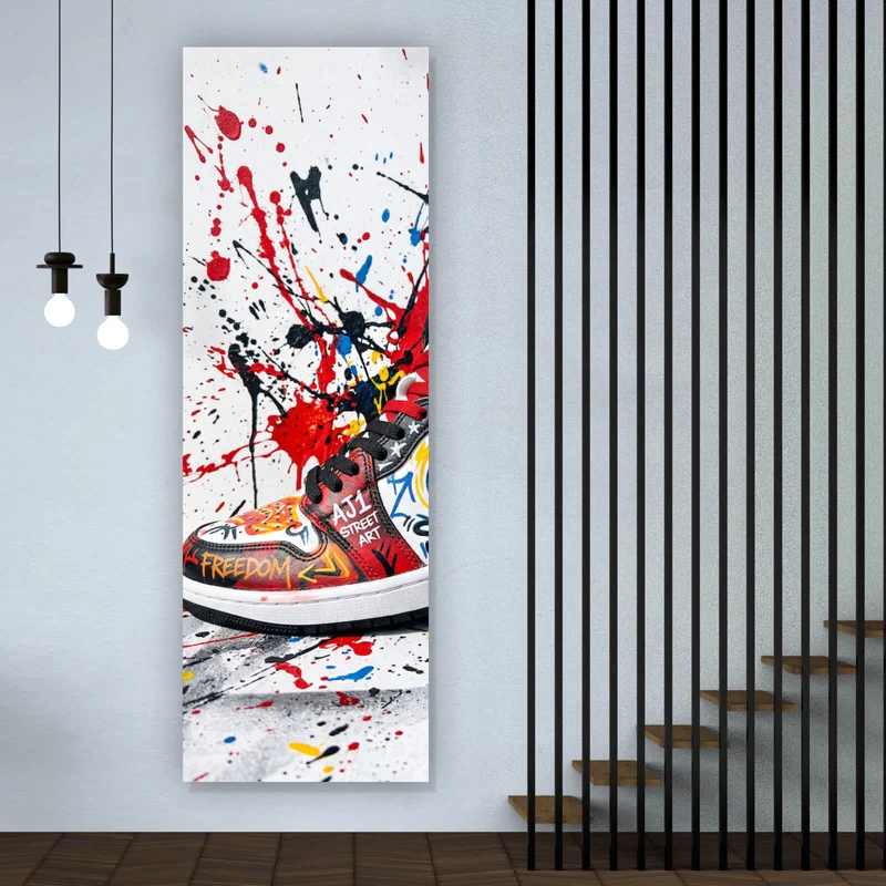 Leinwandbild Street Art Sneaker mit auffälligem Graffiti Panorama Hoch