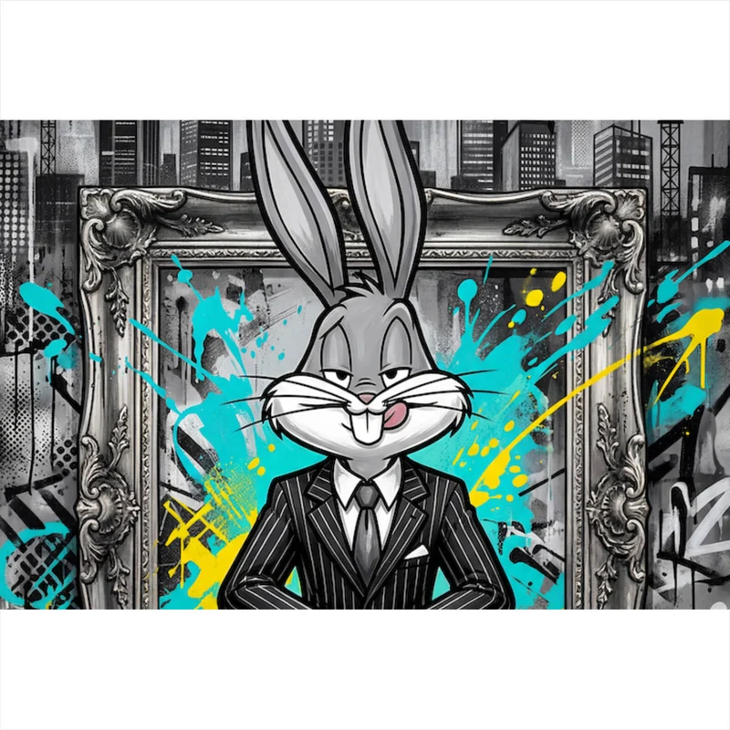 Leinwandbild Hase in einem eleganten Anzug hinter Geldstapeln Querformat
