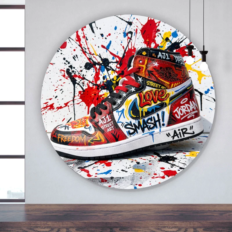 Aluminiumbild Street Art Sneaker mit auffälligem Graffiti Kreis