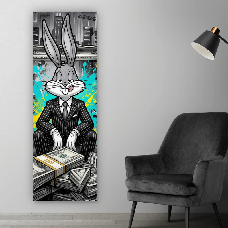 Aluminiumbild gebürstet Hase in einem eleganten Anzug hinter Geldstapeln Panorama Hoch