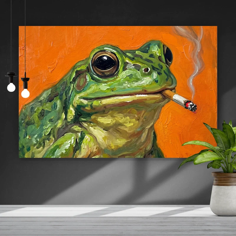 Aluminiumbild Gemalter Frosch der raucht Querformat