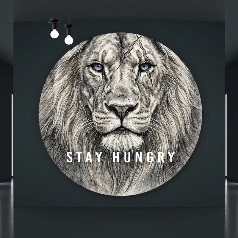 Aluminiumbild gebürstet Majestätischer Löwe Stay Hungry Kreis