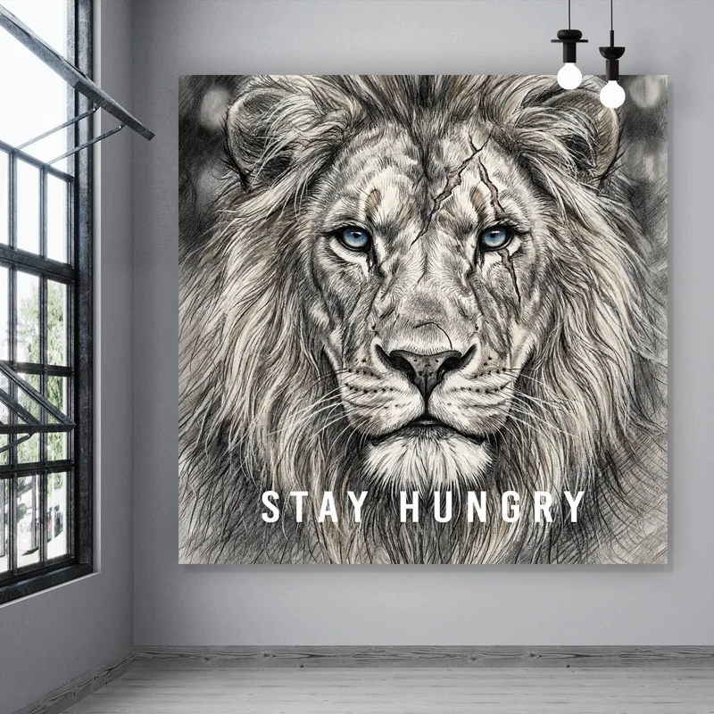 Spannrahmenbild Majestätischer Löwe Stay Hungry Quadrat