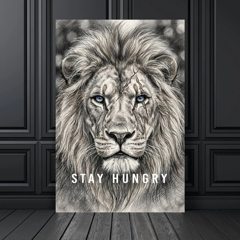 Aluminiumbild Majestätischer Löwe Stay Hungry Hochformat
