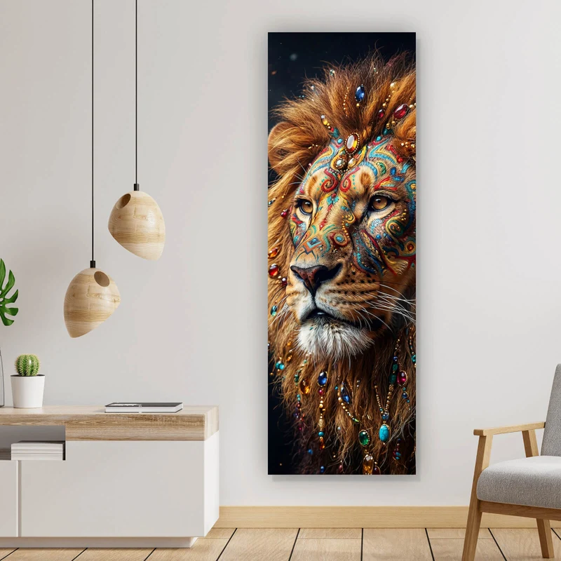 Acrylglasbild Beeindruckendes Löwenporträt mit Juwelenverzierung Panorama Hoch