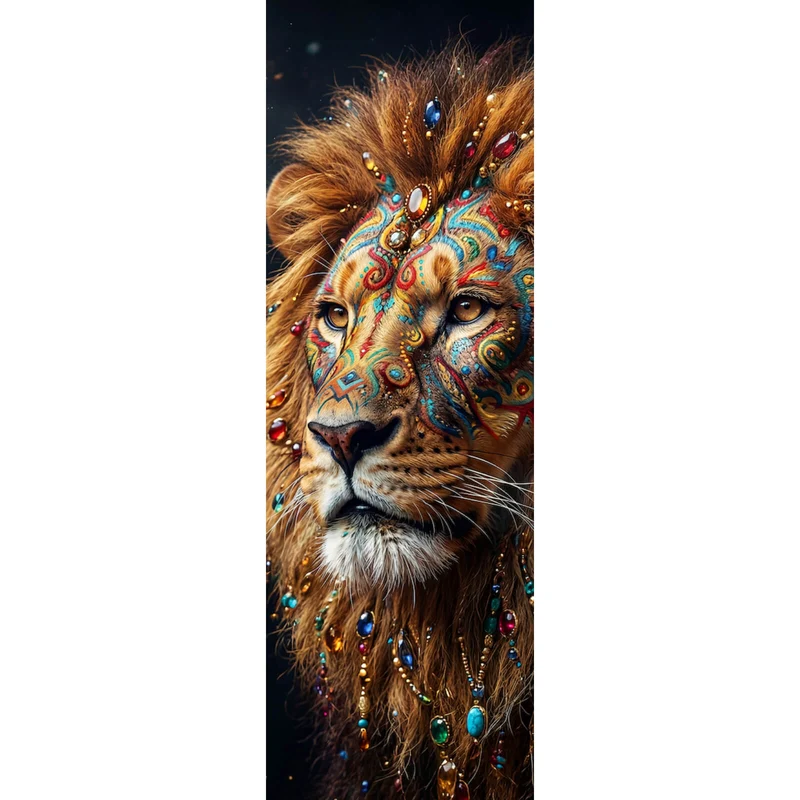 Acrylglasbild Beeindruckendes Löwenporträt mit Juwelenverzierung Panorama Hoch