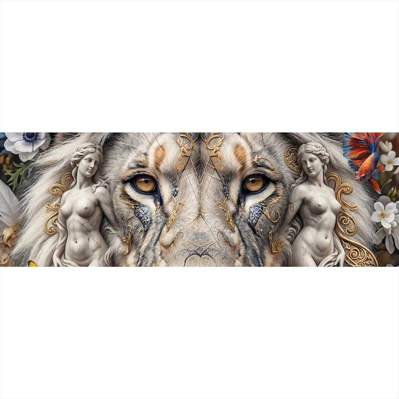 Poster Majestätischer Löwe mit floralen Details Panorama