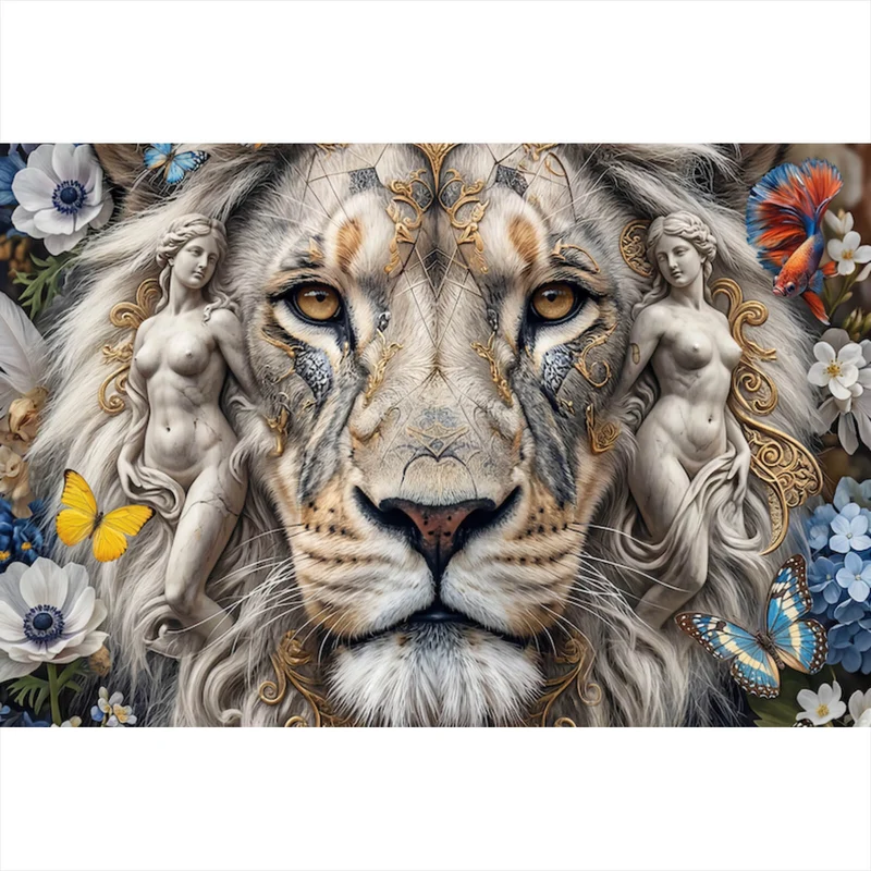 Spannrahmenbild Majestätischer Löwe mit floralen Details Querformat