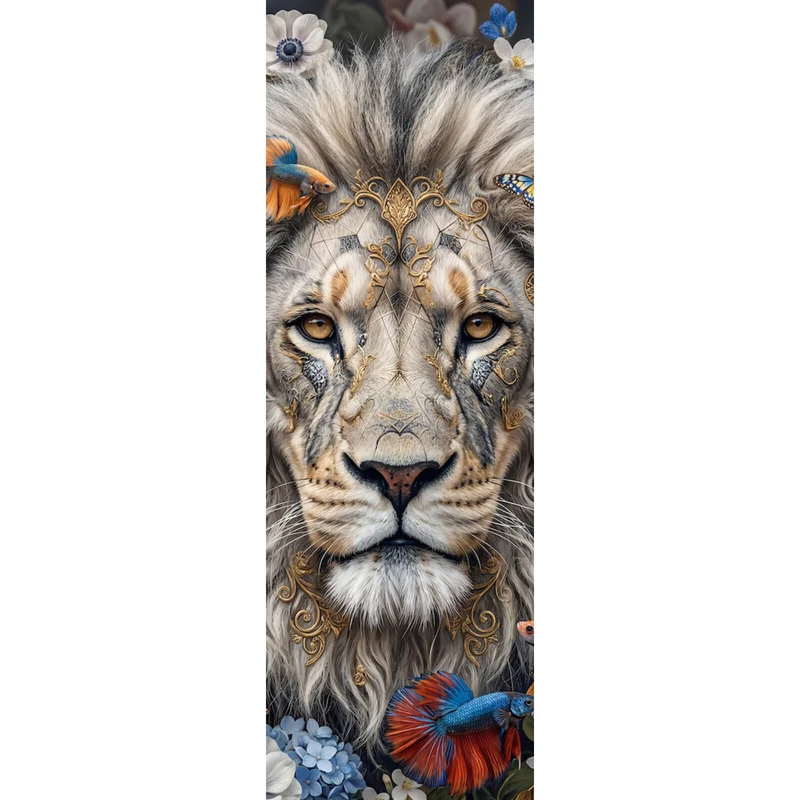 Acrylglasbild Majestätischer Löwe mit floralen Details Panorama Hoch