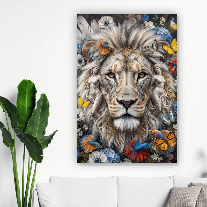 Spannrahmenbild Majestätischer Löwe mit floralen Details Hochformat