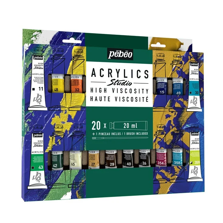 Pebeo Studio High Viscosity Acrylic Paints with Brush, 20 x 20 ml