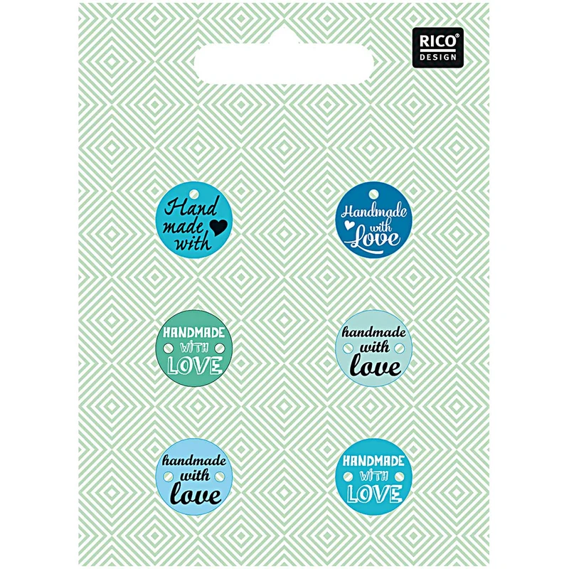 Rico Design Knopfmix mit Schrift blau made with love 15mm
