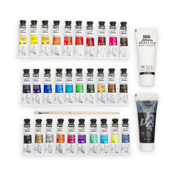 Pebeo Studio Acrylics Acrylic Paint Set, 30 x 20 ml + 2 x 100 ml + 1 Brush
