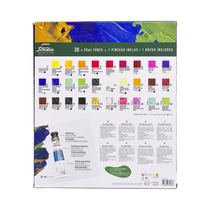 Pebeo Studio Acrylics Set of Acrylic Paints, 30x20 ml + 1 Brush