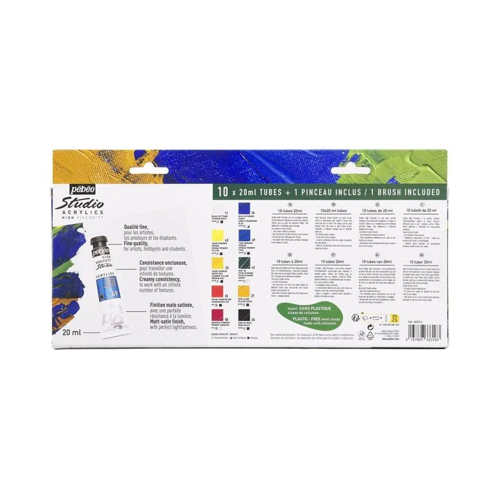 Pebeo STUDIO Acrylic Paint Set of 10 x 20 ml + Brush