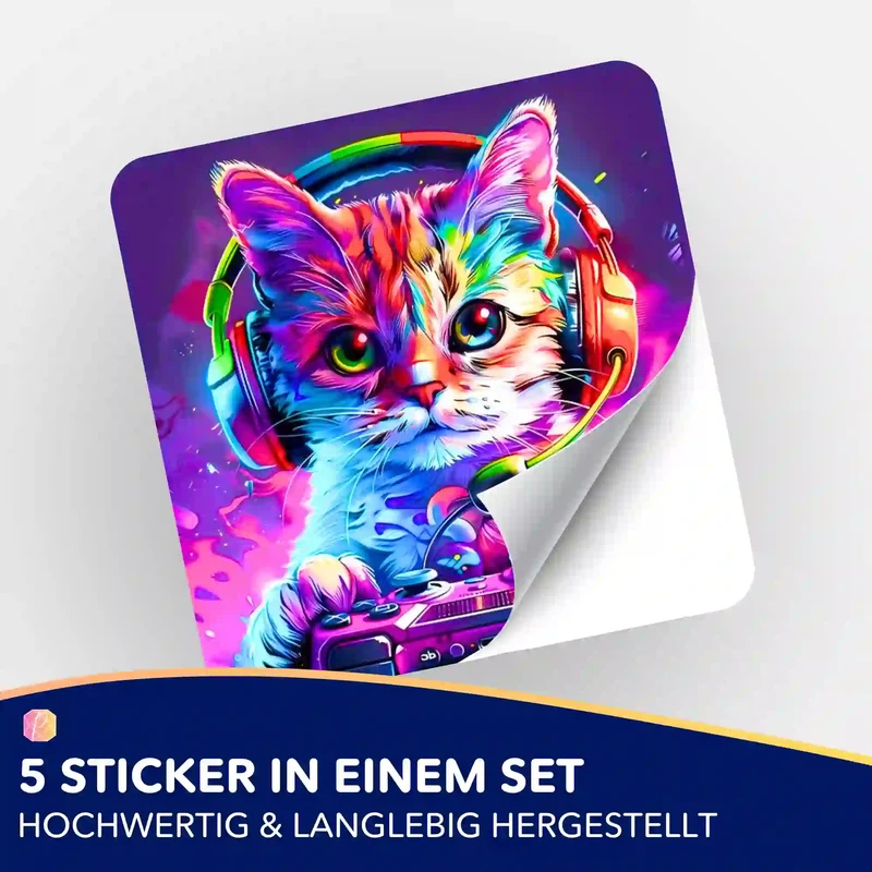 Aufkleber 5er-Set - Colorful gaming Cat
