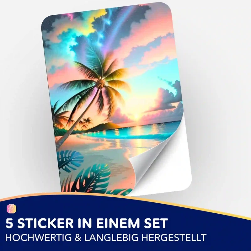 Aufkleber 5er-Set - Palme im bunten Abendhimmel
