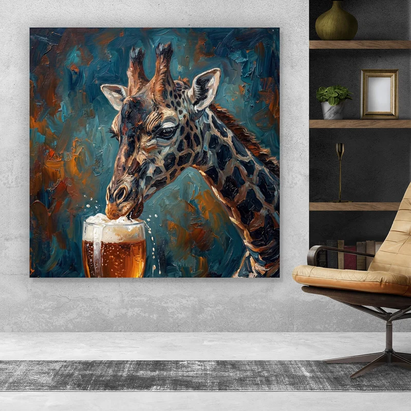 Leinwandbild Giraffe genießt Bier Quadrat