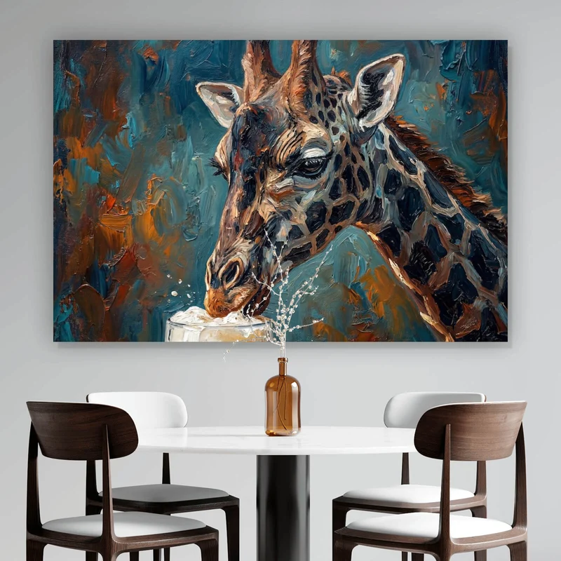 Spannrahmenbild Giraffe genießt Bier Querformat