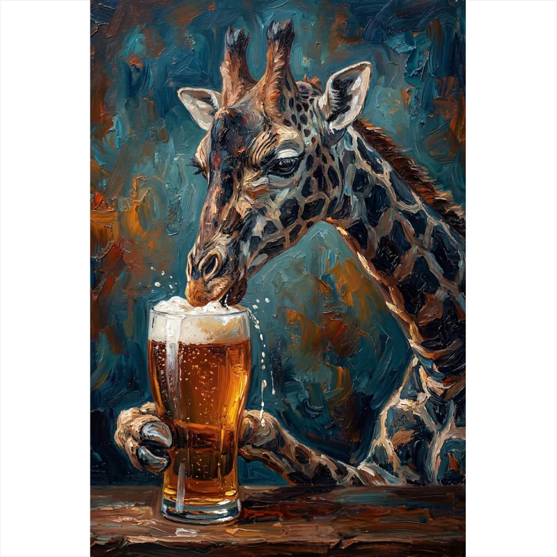 Leinwandbild Giraffe genießt Bier Hochformat