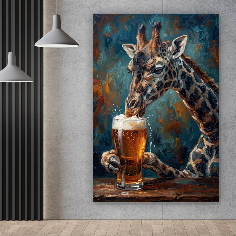 Poster Giraffe genießt Bier Hochformat