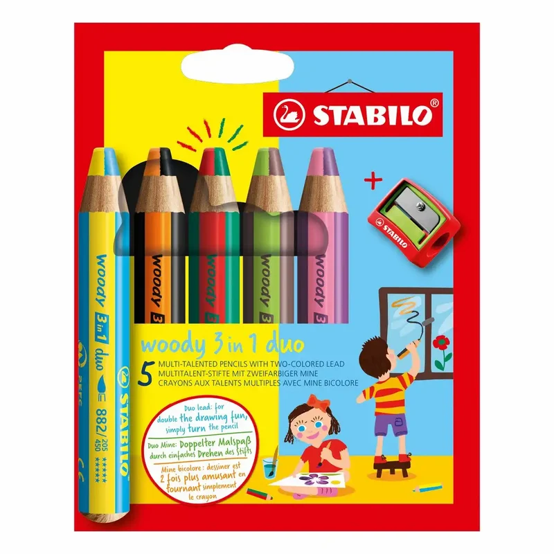 STABILO Woody 3in1 duo zweifarbig 5er Pack mit Spitzer