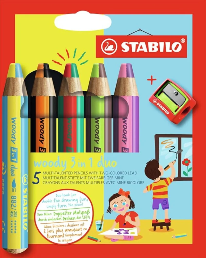 STABILO Woody 3in1 duo zweifarbig 5er Pack mit Spitzer