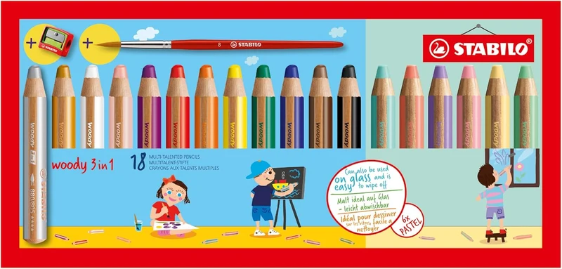 STABILO Woody 3 in 1 - 18er Pack mit Spitzer & Pinsel