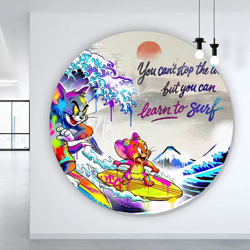 Aluminiumbild gebürstet Surfer Cartoon mit Motivationsspruch Kreis