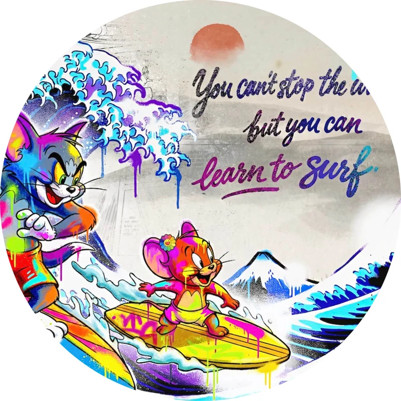 Aluminiumbild Surfer Cartoon mit Motivationsspruch Kreis