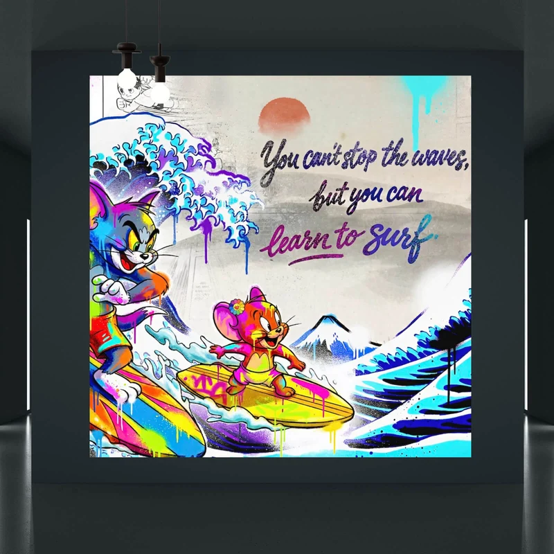Aluminiumbild Surfer Cartoon mit Motivationsspruch Quadrat