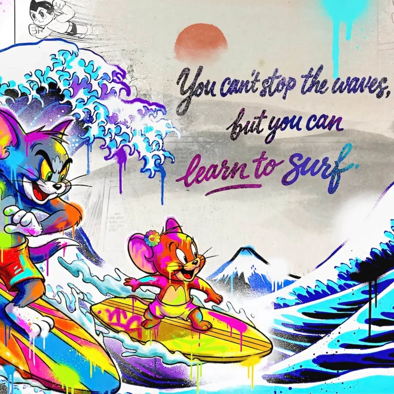 Aluminiumbild Surfer Cartoon mit Motivationsspruch Quadrat