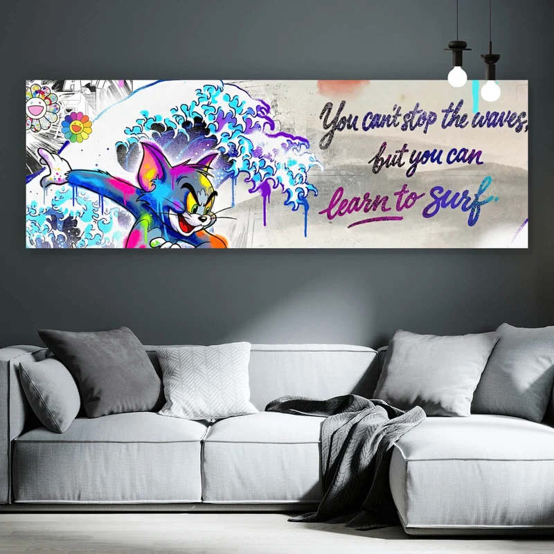 Aluminiumbild Surfer Cartoon mit Motivationsspruch Panorama