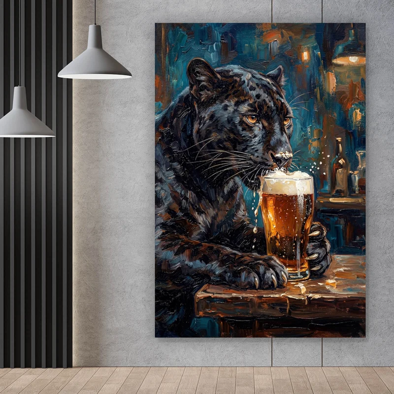 Acrylglasbild Panther genießt Bier Hochformat
